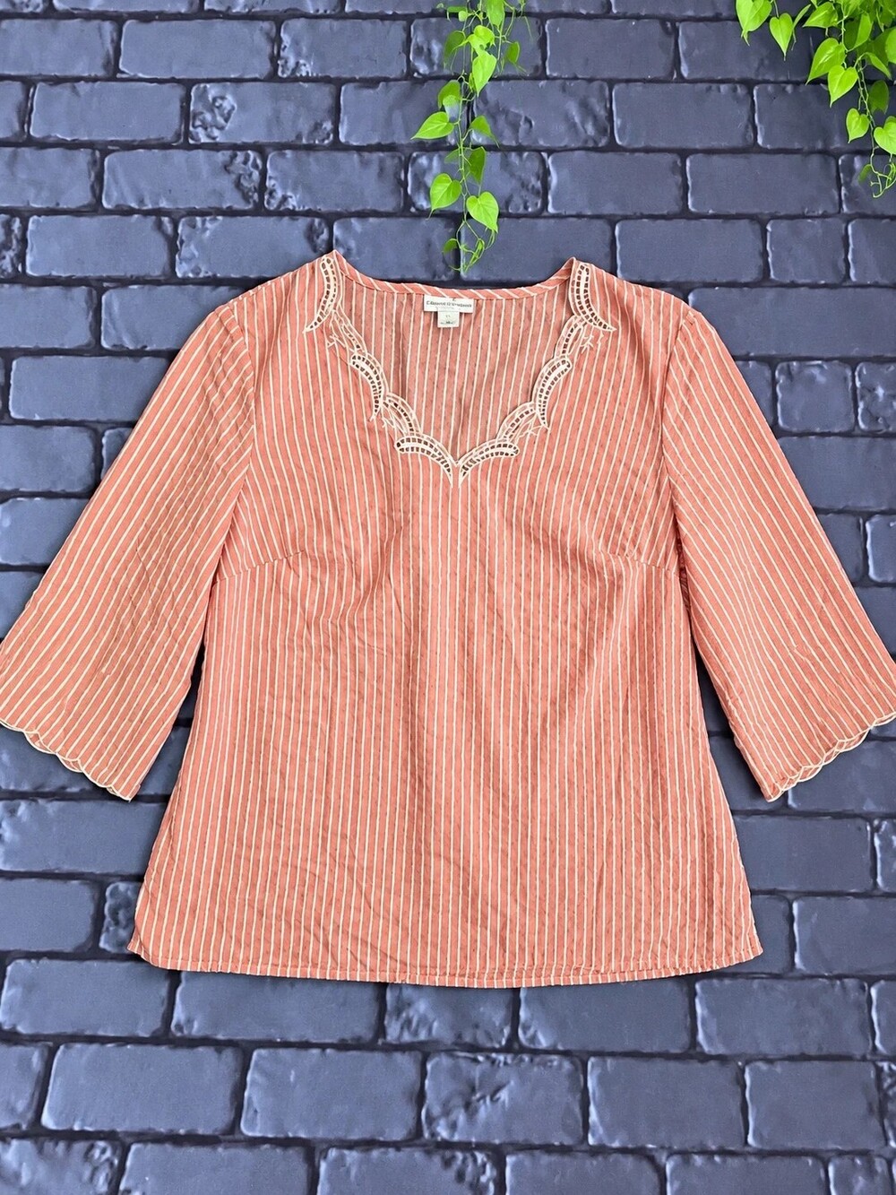 Liz Claiborne Large Coral Striped Crochet Trim Blouse